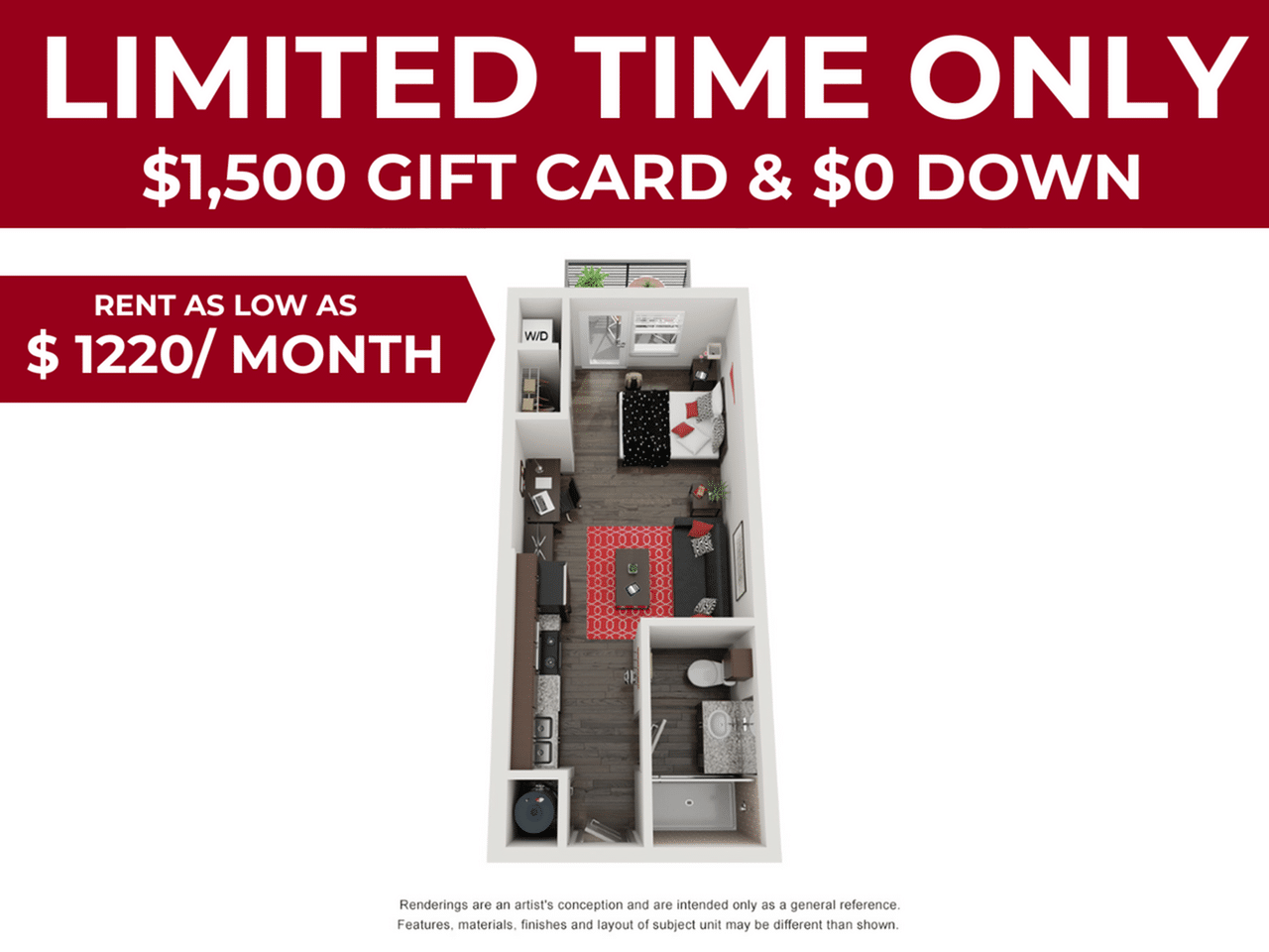A 3D image of the Studio floorplan, a 375 squarefoot, 0 bed / 1 bath unit