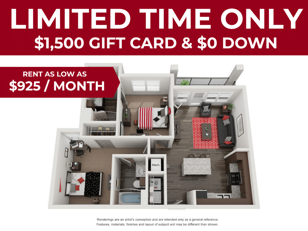 A 3D image of the 2BR/2BA floorplan, a 900 squarefoot, 2 bed / 2 bath unit