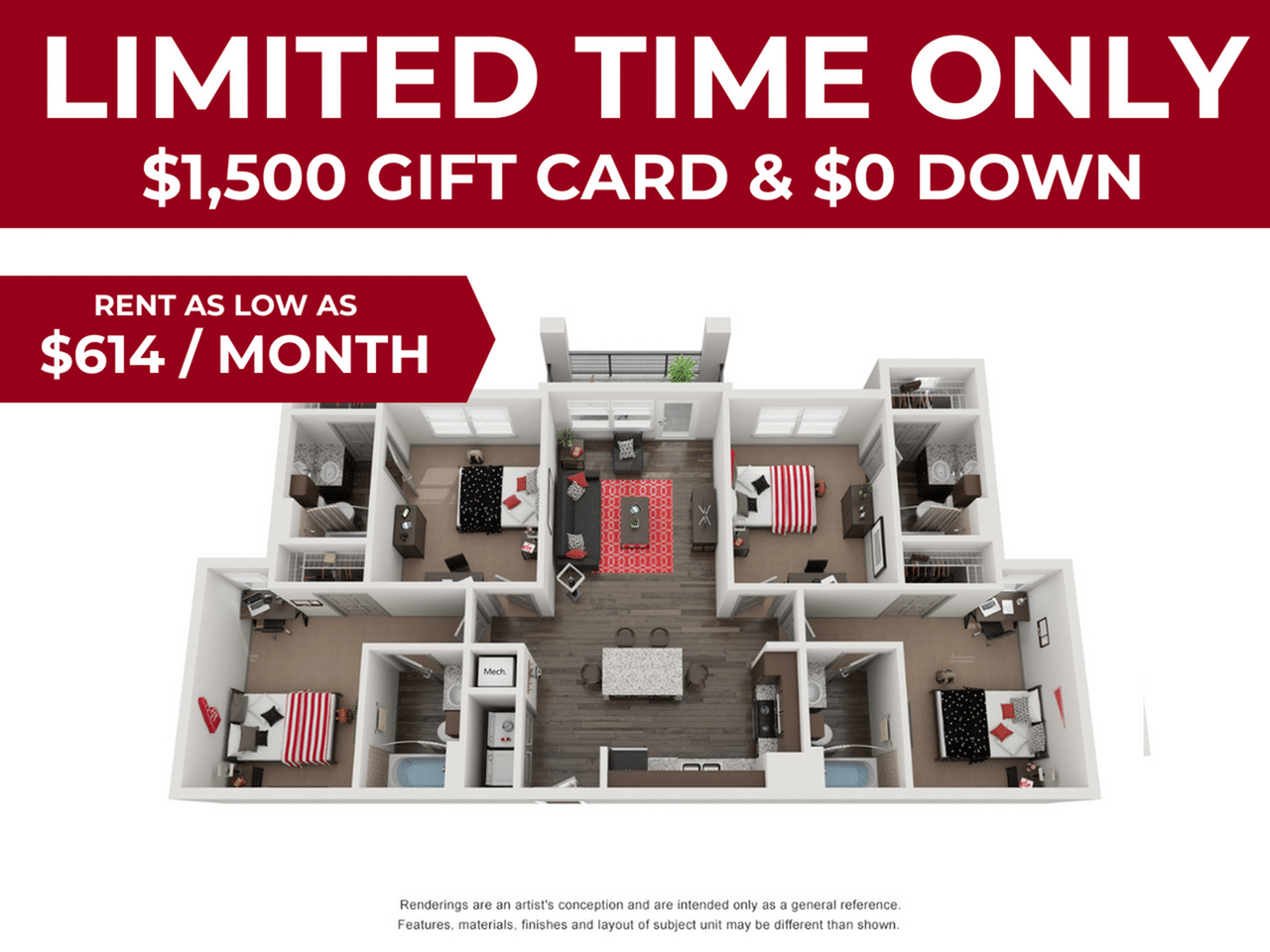 A 3D image of the 4BR/4BA floorplan, a 1392 squarefoot, 4 bed / 4 bath unit