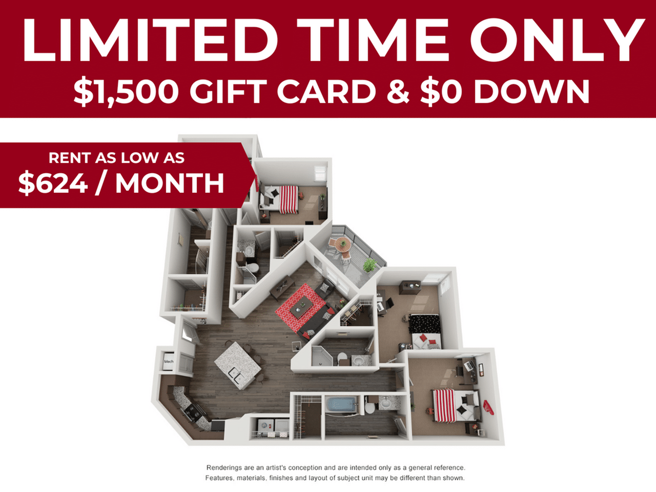 A 3D image of the 4BR/4BA – Max floorplan, a 1604 squarefoot, 4 bed / 4 bath unit