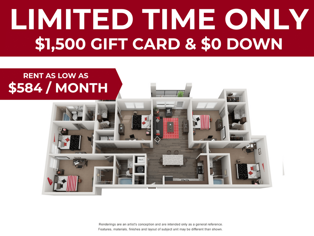 A 3D image of the 5BR/5BA floorplan, a 1690 squarefoot, 5 bed / 5 bath unit