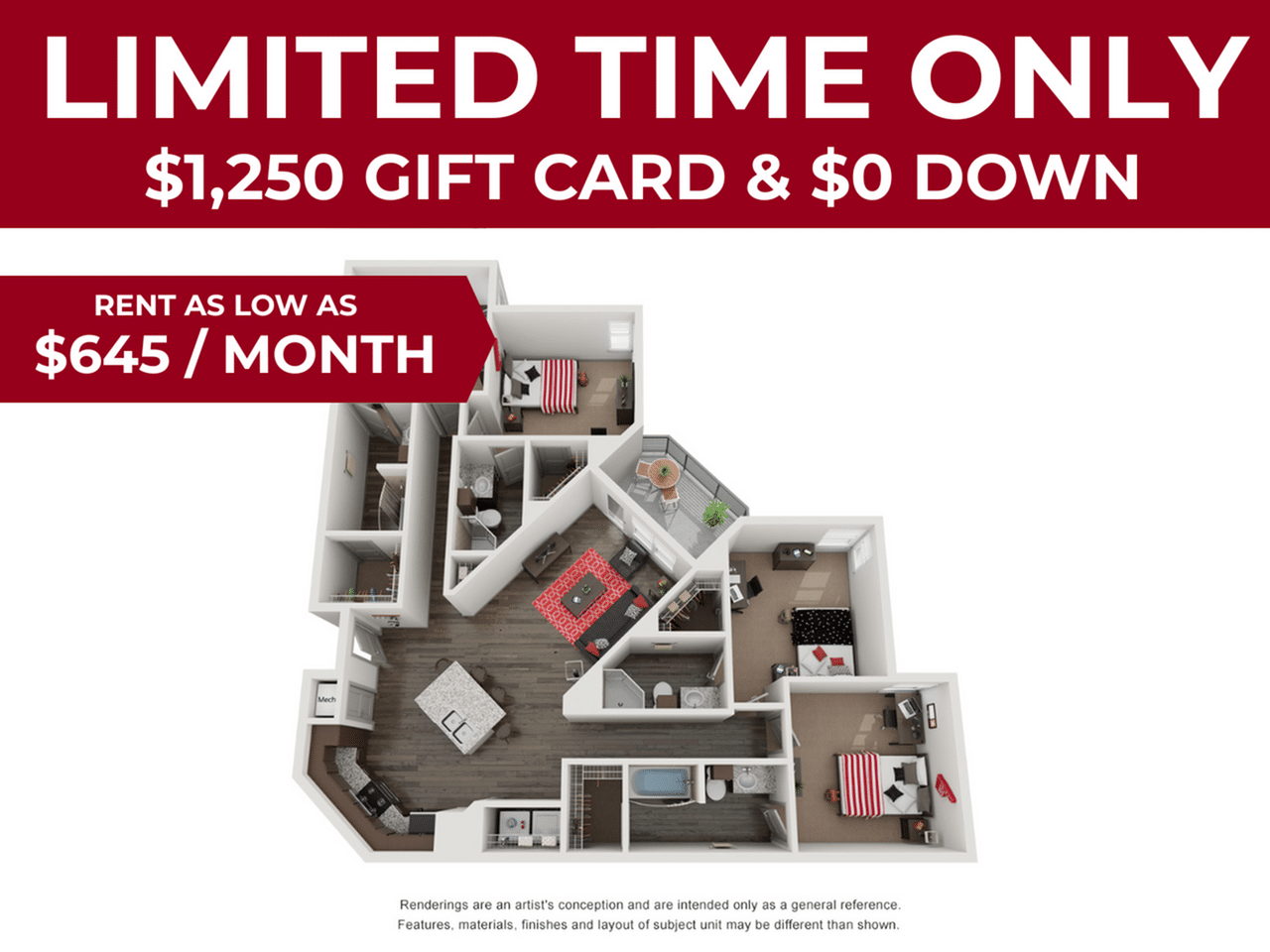 A 3D image of the 4BR/4BA – Max floorplan, a 1604 squarefoot, 4 bed / 4 bath unit