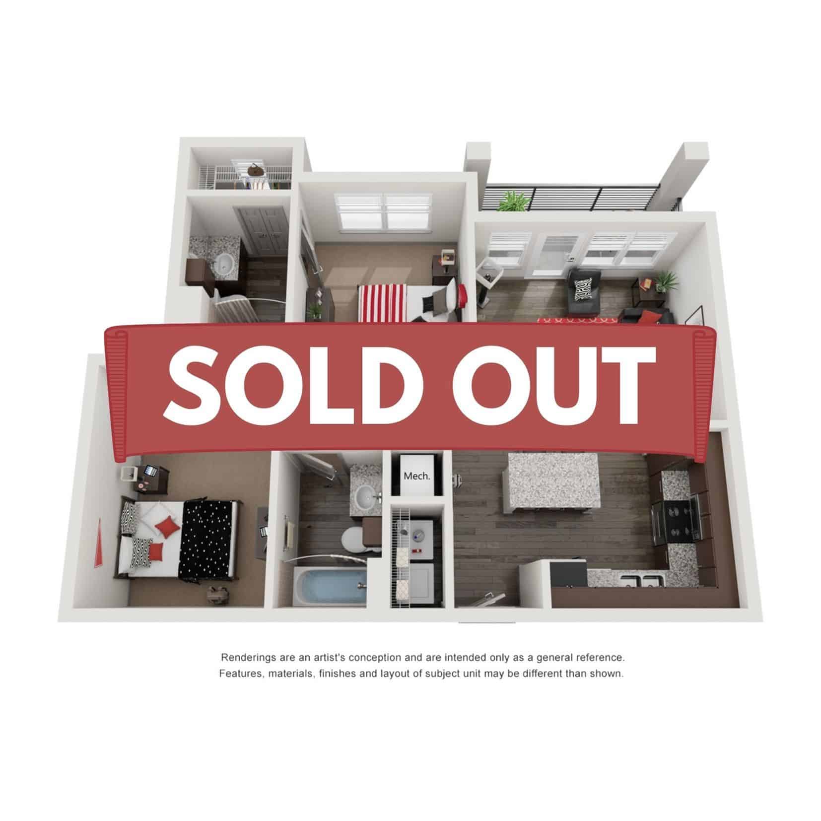 A 3D image of the 2BR/2BA floorplan, a 900 squarefoot, 2 bed / 2 bath unit
