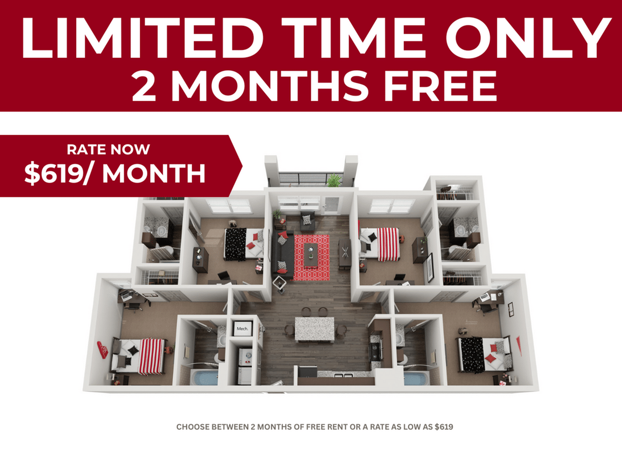 A 3D image of the 4BR/4BA floorplan, a 1392 squarefoot, 4 bed / 4 bath unit