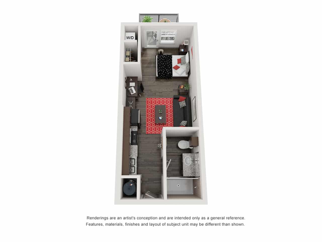 A 3D image of the Studio floorplan, a 375 squarefoot, 0 bed / 1 bath unit