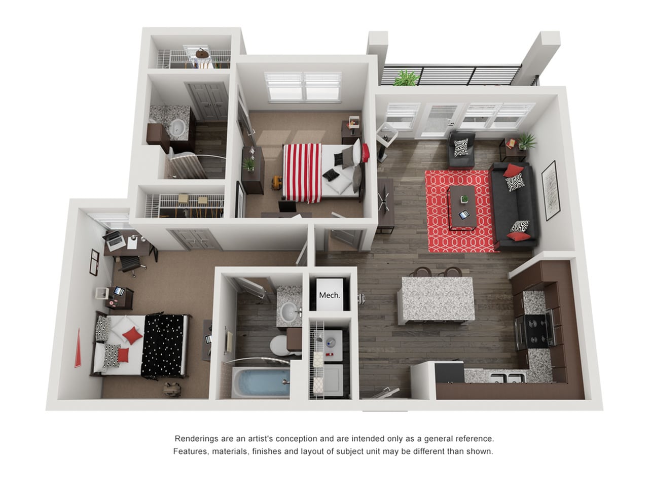 A 3D image of the 2BR/2BA – Elite floorplan, a 900 squarefoot, 2 bed / 2 bath unit