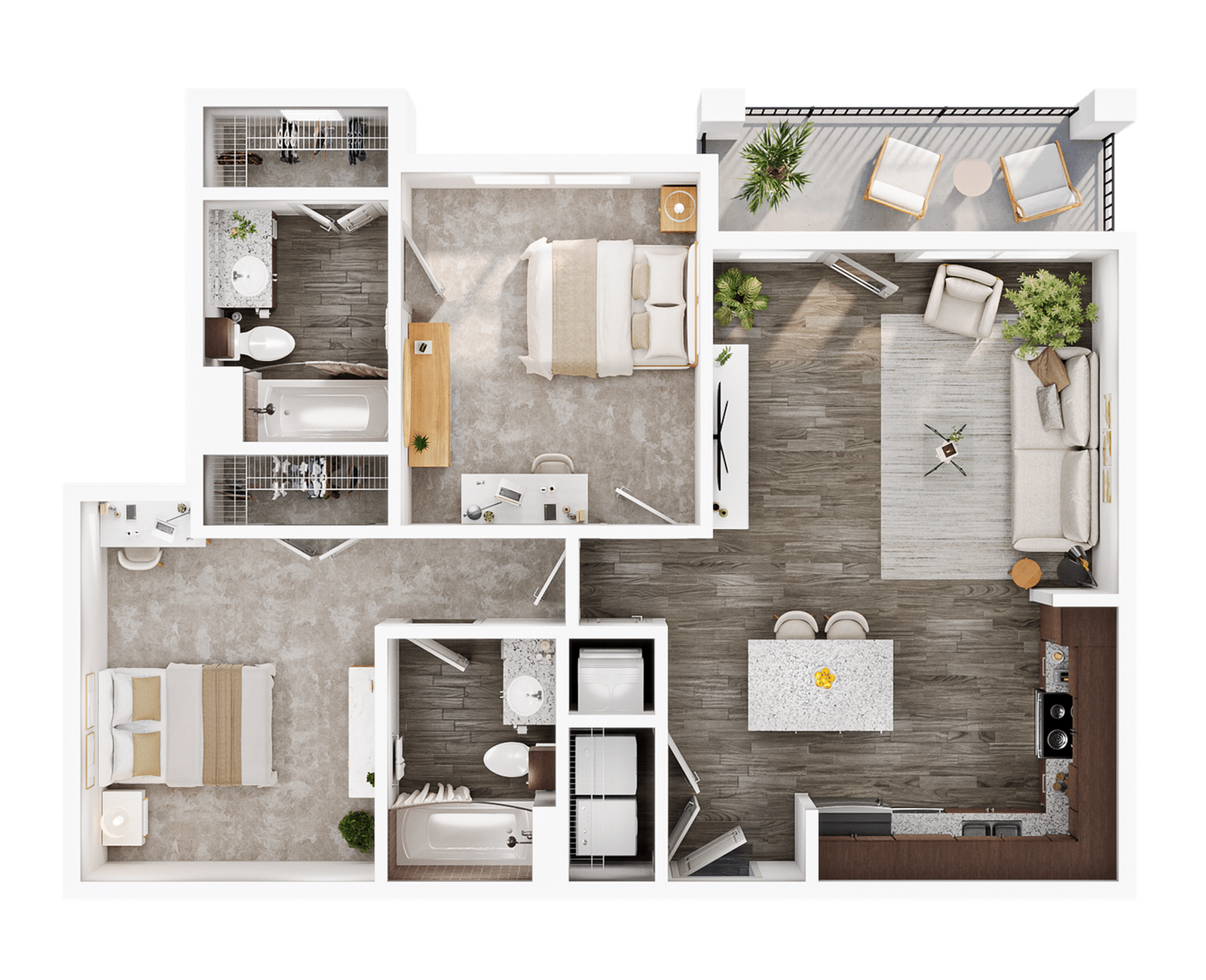A 3D image of the 2BR/2BA floorplan, a 900 squarefoot, 2 bed / 2 bath unit