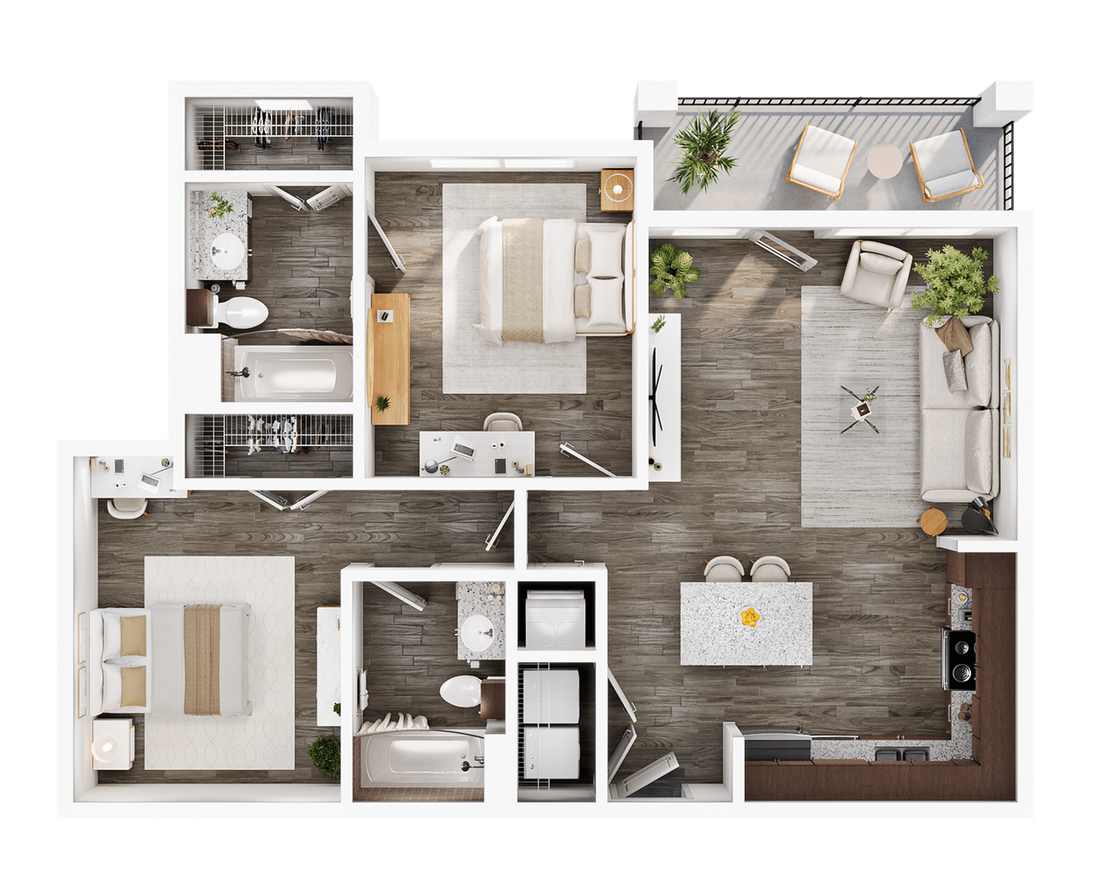 A 3D image of the 2BR/2BA – Elite floorplan, a 900 squarefoot, 2 bed / 2 bath unit