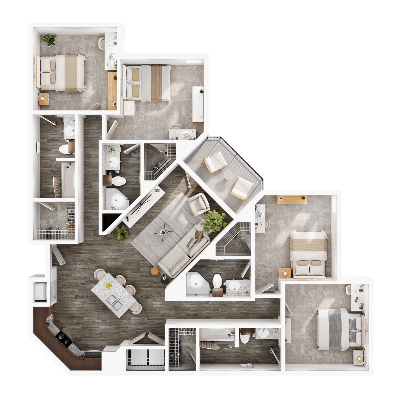 A 3D image of the 4BR/4BA – Max floorplan, a 1604 squarefoot, 4 bed / 4 bath unit