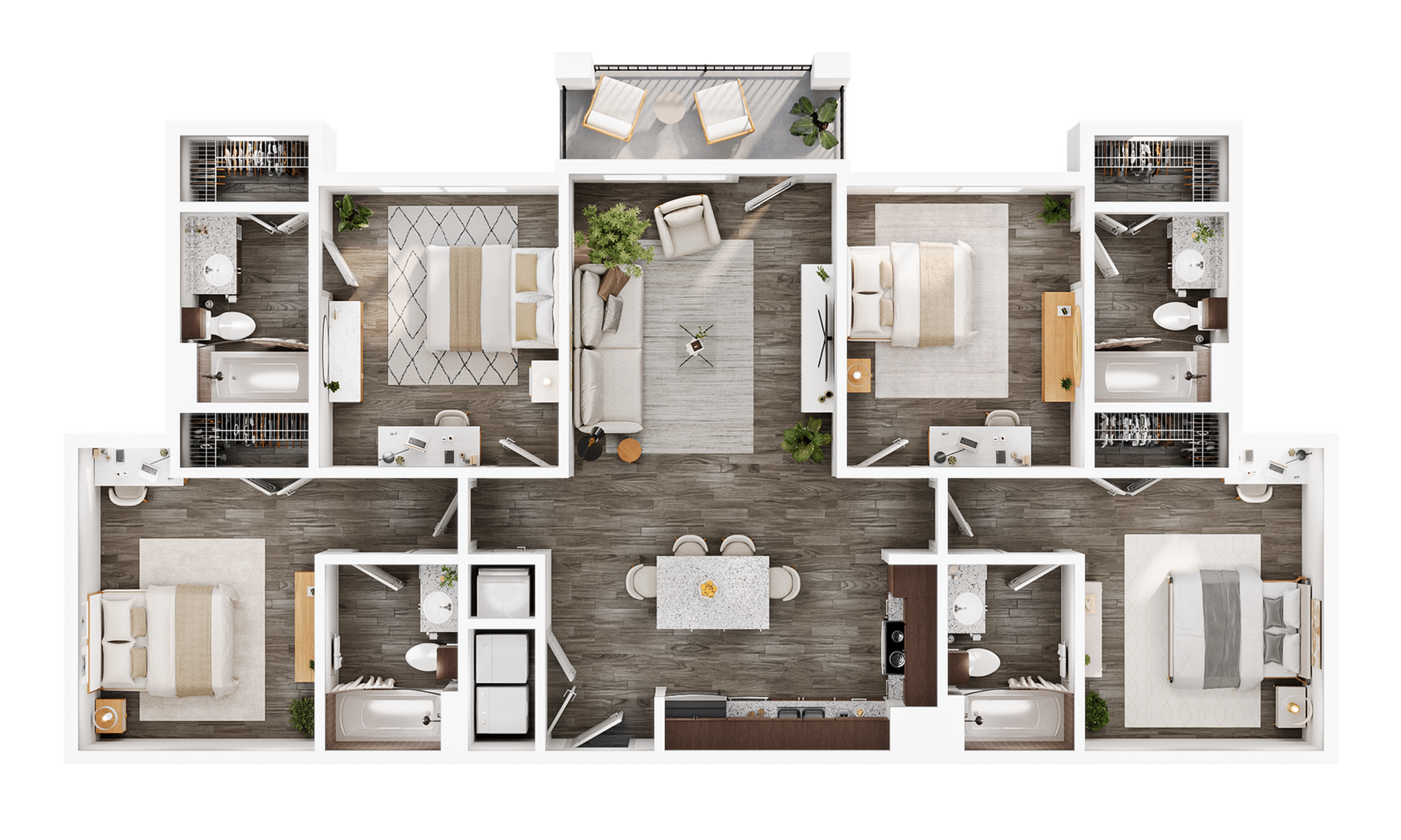 A 3D image of the 4BR/4BA – Elite floorplan, a 1392 squarefoot, 4 bed / 4 bath unit