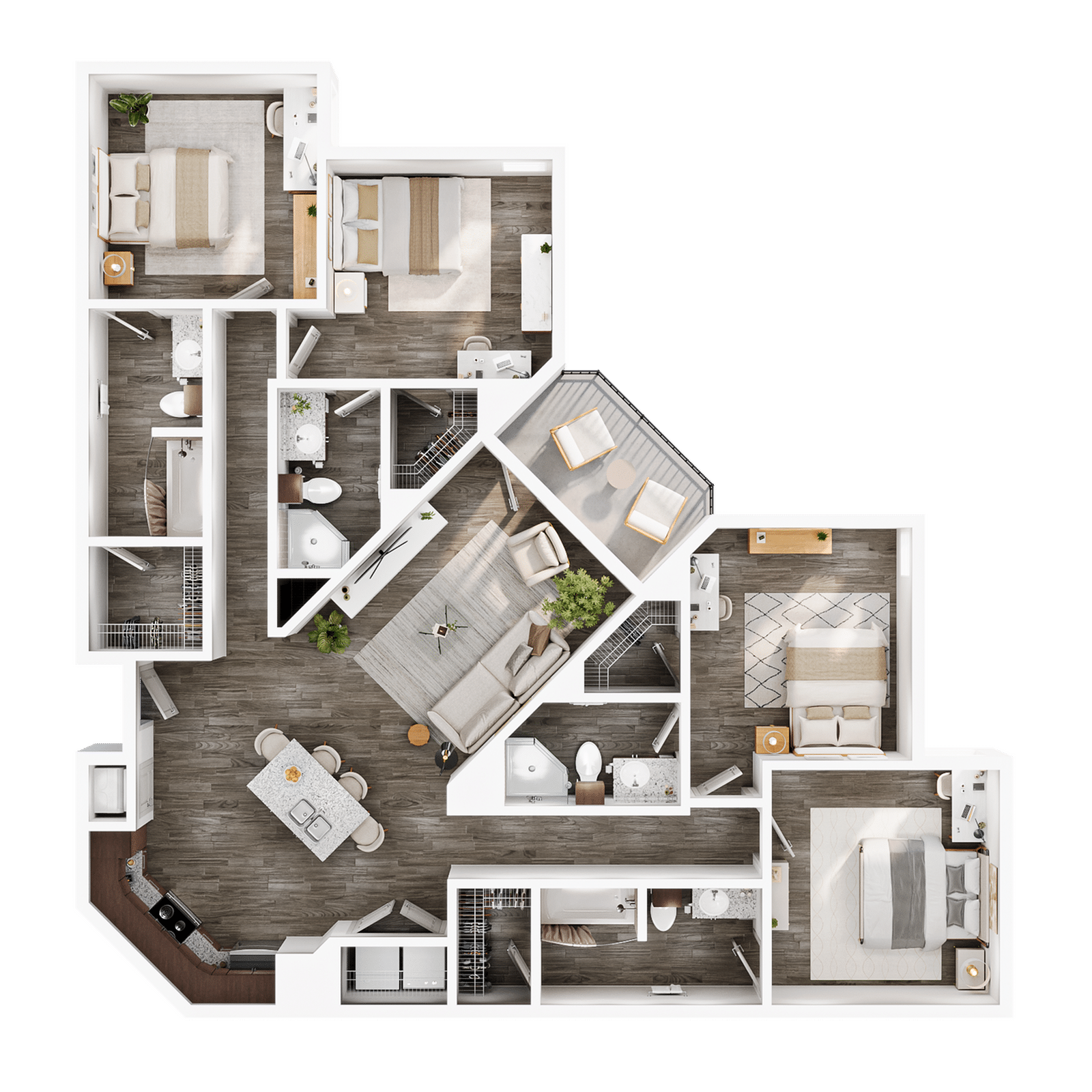 A 3D image of the 4BR/4BA – Max Elite floorplan, a 1604 squarefoot, 4 bed / 4 bath unit