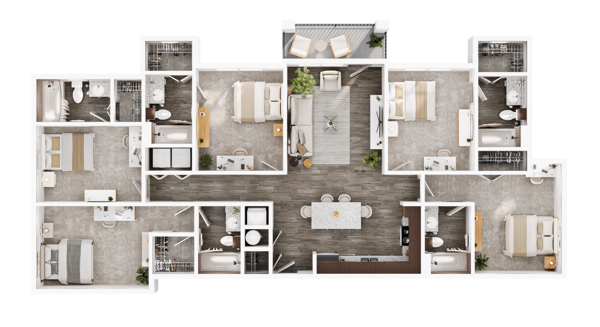A 3D image of the 5BR/5BA floorplan, a 1690 squarefoot, 5 bed / 5 bath unit