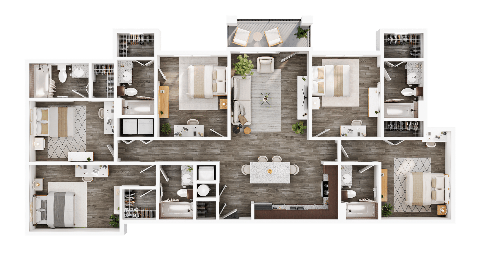 A 3D image of the 5BR/5BA – Elite floorplan, a 1690 squarefoot, 5 bed / 5 bath unit