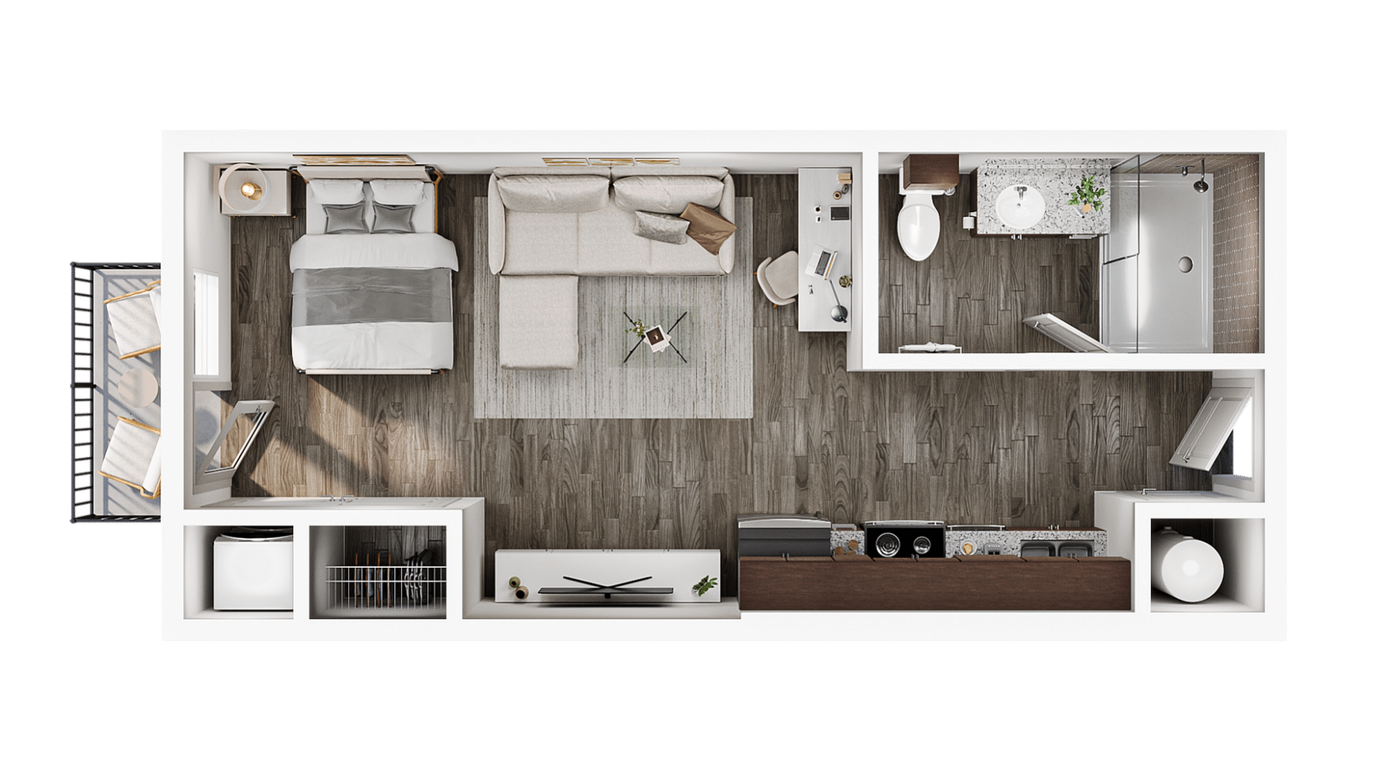 A 3D image of the Studio floorplan, a 375 squarefoot, 0 bed / 1 bath unit