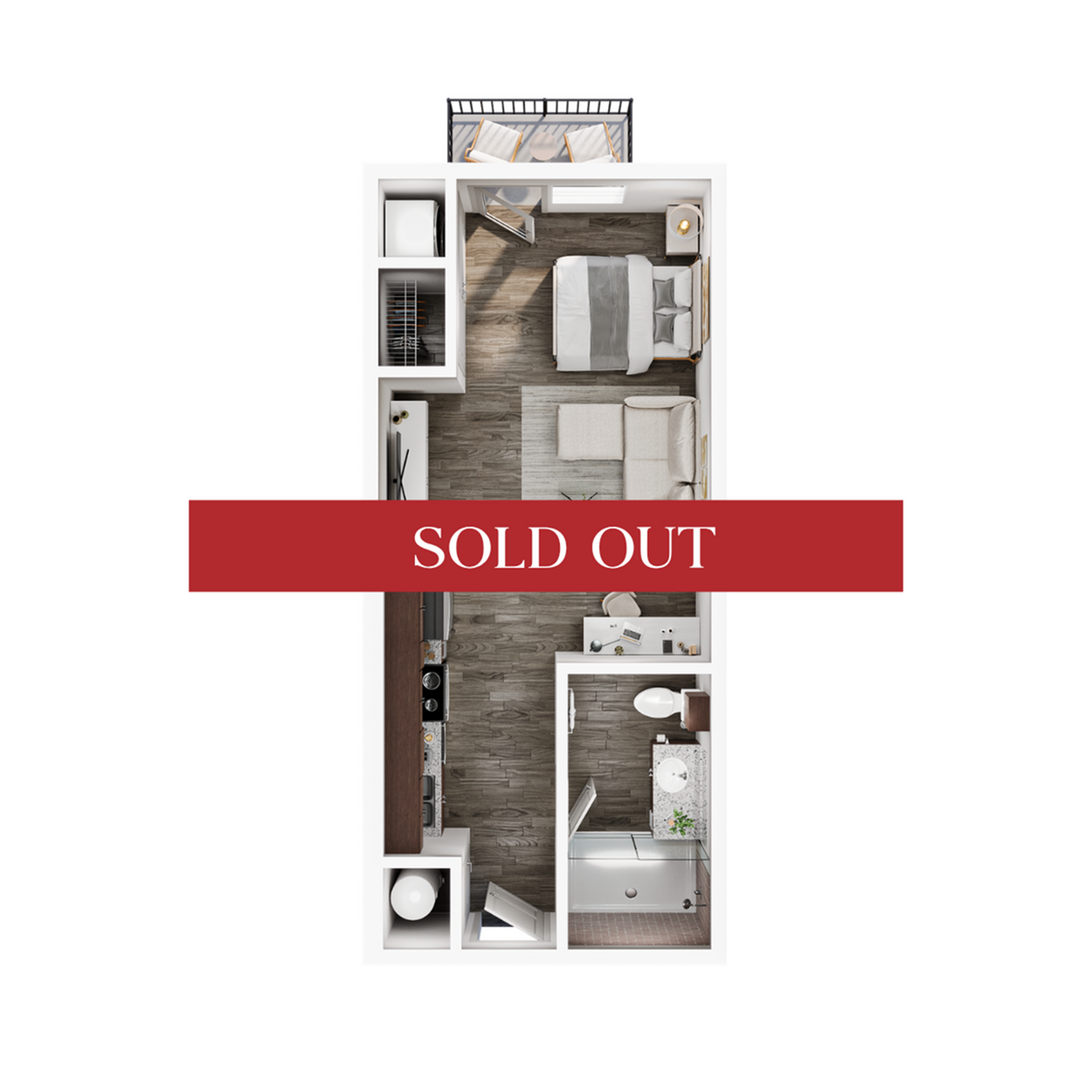 A 3D image of the Studio floorplan, a 375 squarefoot, 0 bed / 1 bath unit