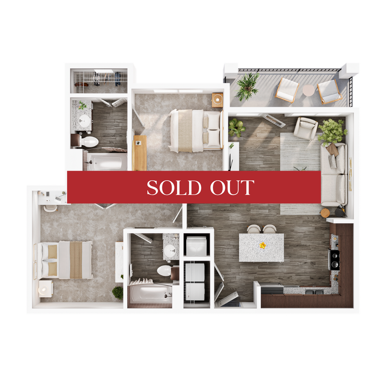 A 3D image of the 2BR/2BA floorplan, a 900 squarefoot, 2 bed / 2 bath unit