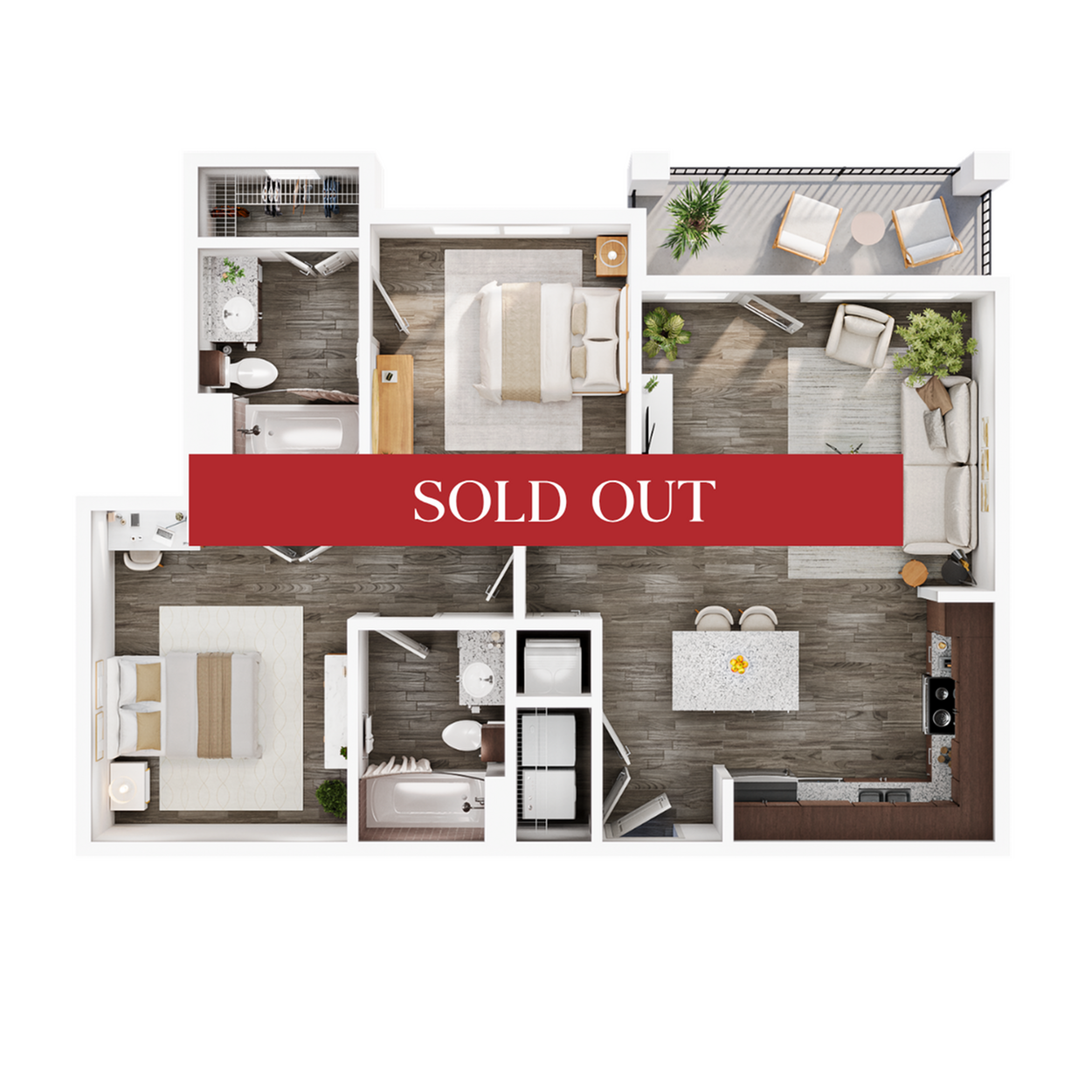 A 3D image of the 2BR/2BA – Elite floorplan, a 900 squarefoot, 2 bed / 2 bath unit