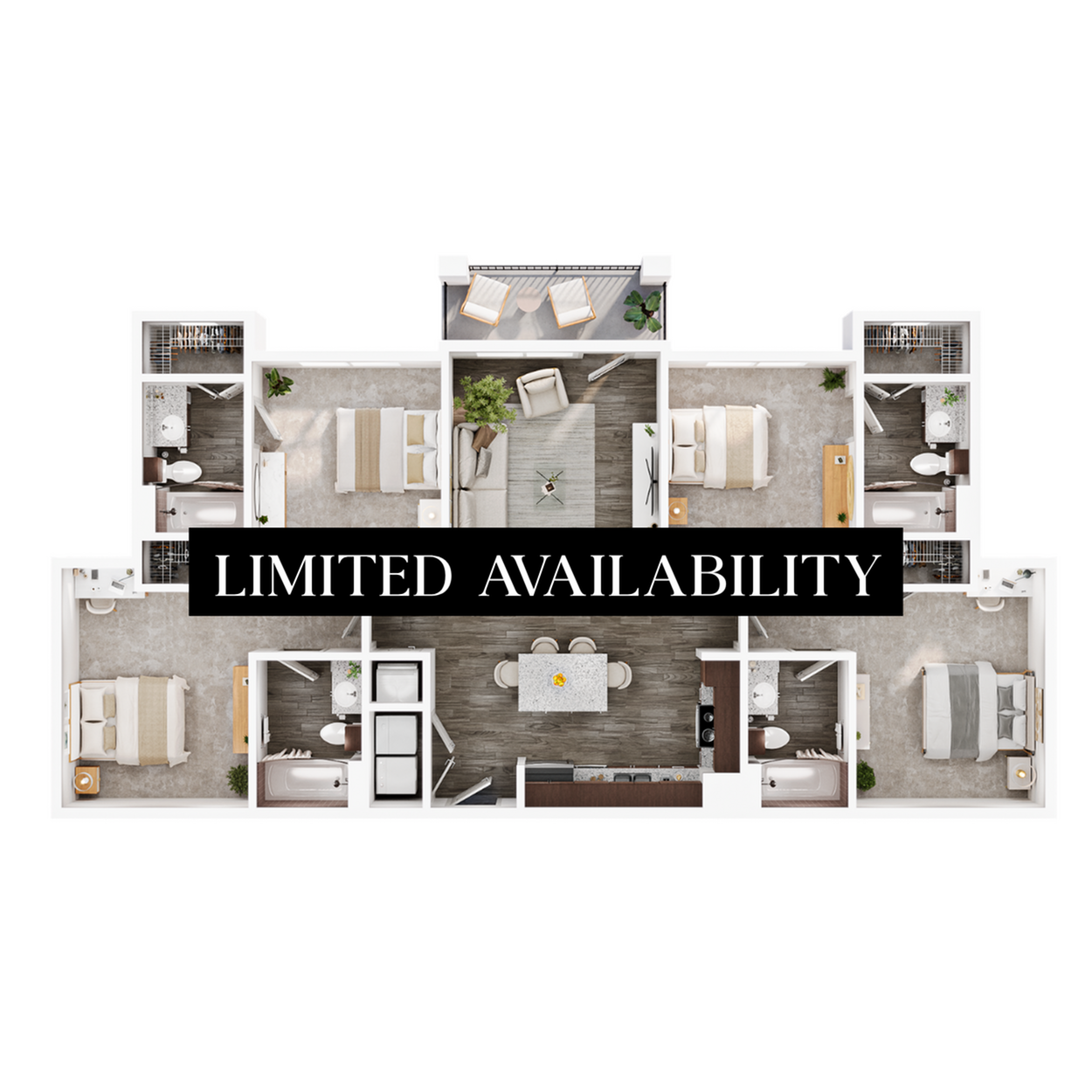 A 3D image of the 4BR/4BA floorplan, a 1392 squarefoot, 4 bed / 4 bath unit