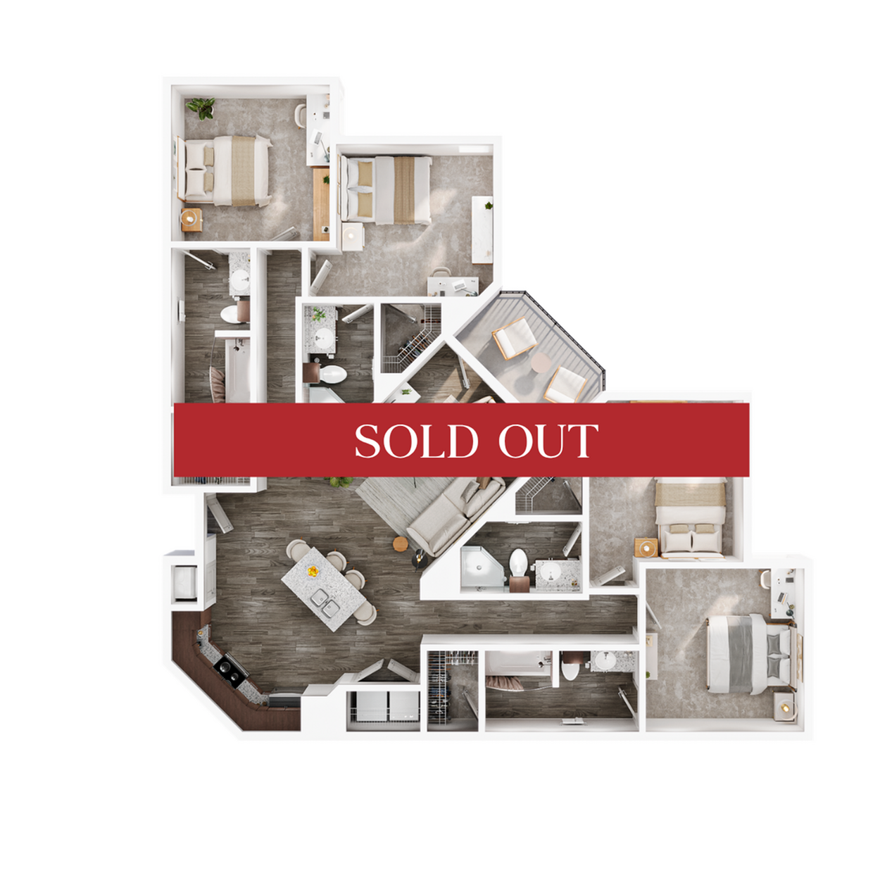 A 3D image of the 4BR/4BA – Max floorplan, a 1604 squarefoot, 4 bed / 4 bath unit
