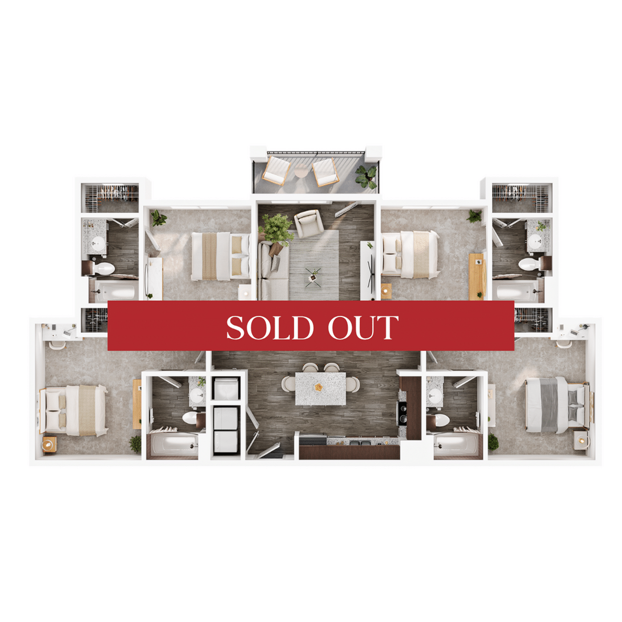 A 3D image of the 4BR/4BA floorplan, a 1392 squarefoot, 4 bed / 4 bath unit