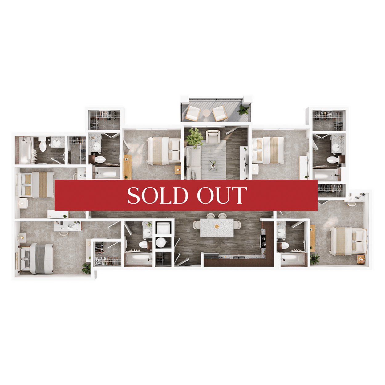 A 3D image of the 5BR/5BA floorplan, a 1690 squarefoot, 5 bed / 5 bath unit