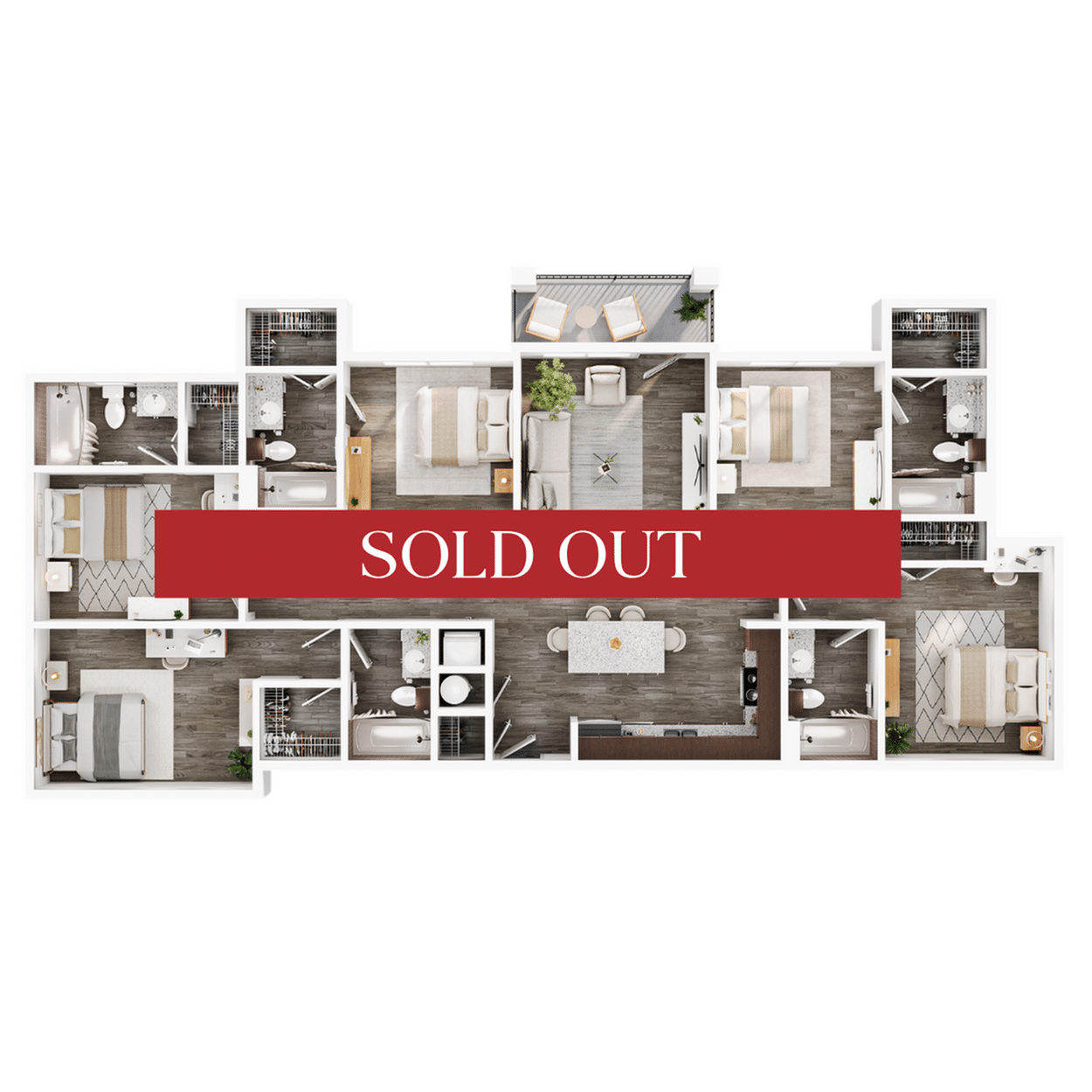 A 3D image of the 5BR/5BA – Elite floorplan, a 1690 squarefoot, 5 bed / 5 bath unit