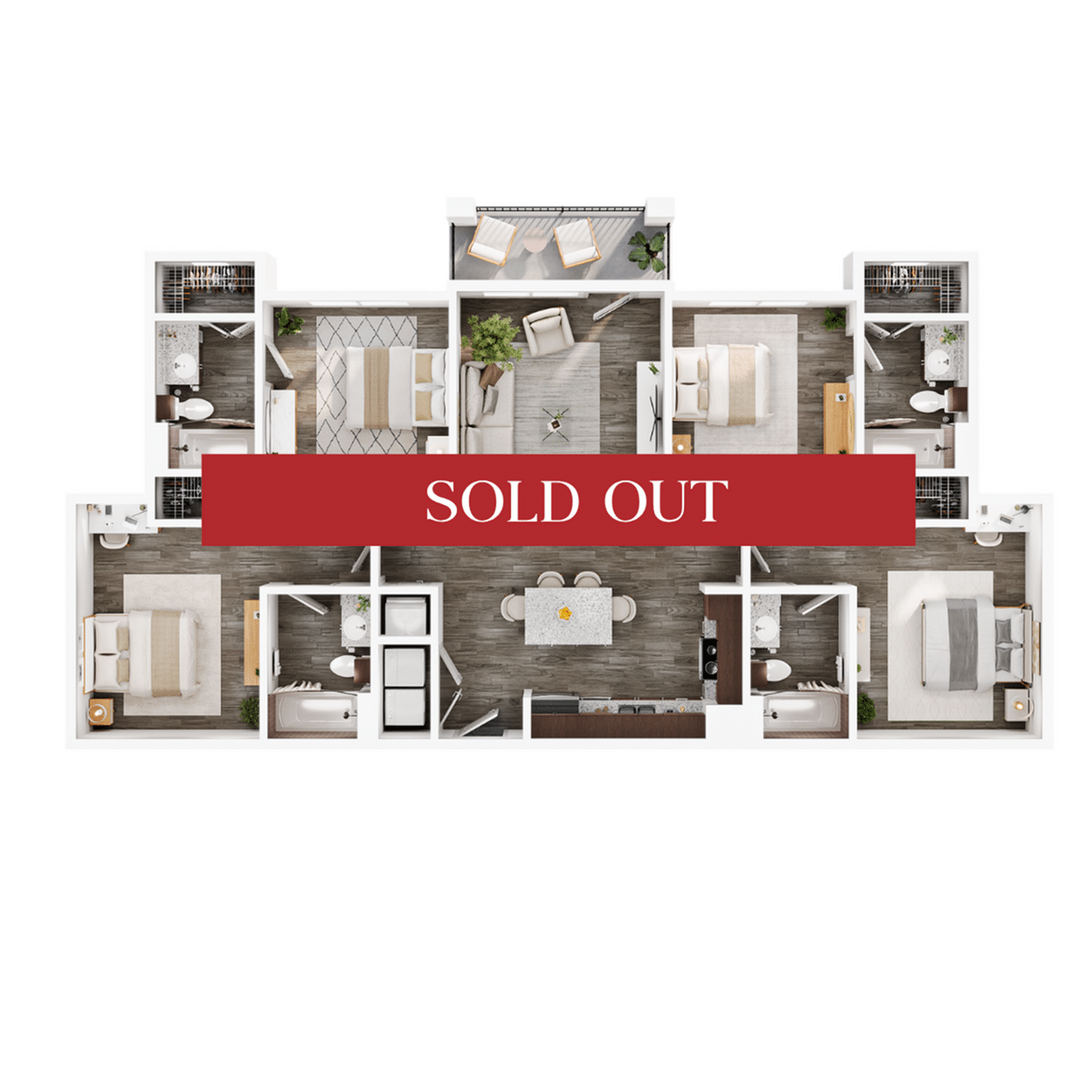 A 3D image of the 4BR/4BA – Elite floorplan, a 1392 squarefoot, 4 bed / 4 bath unit
