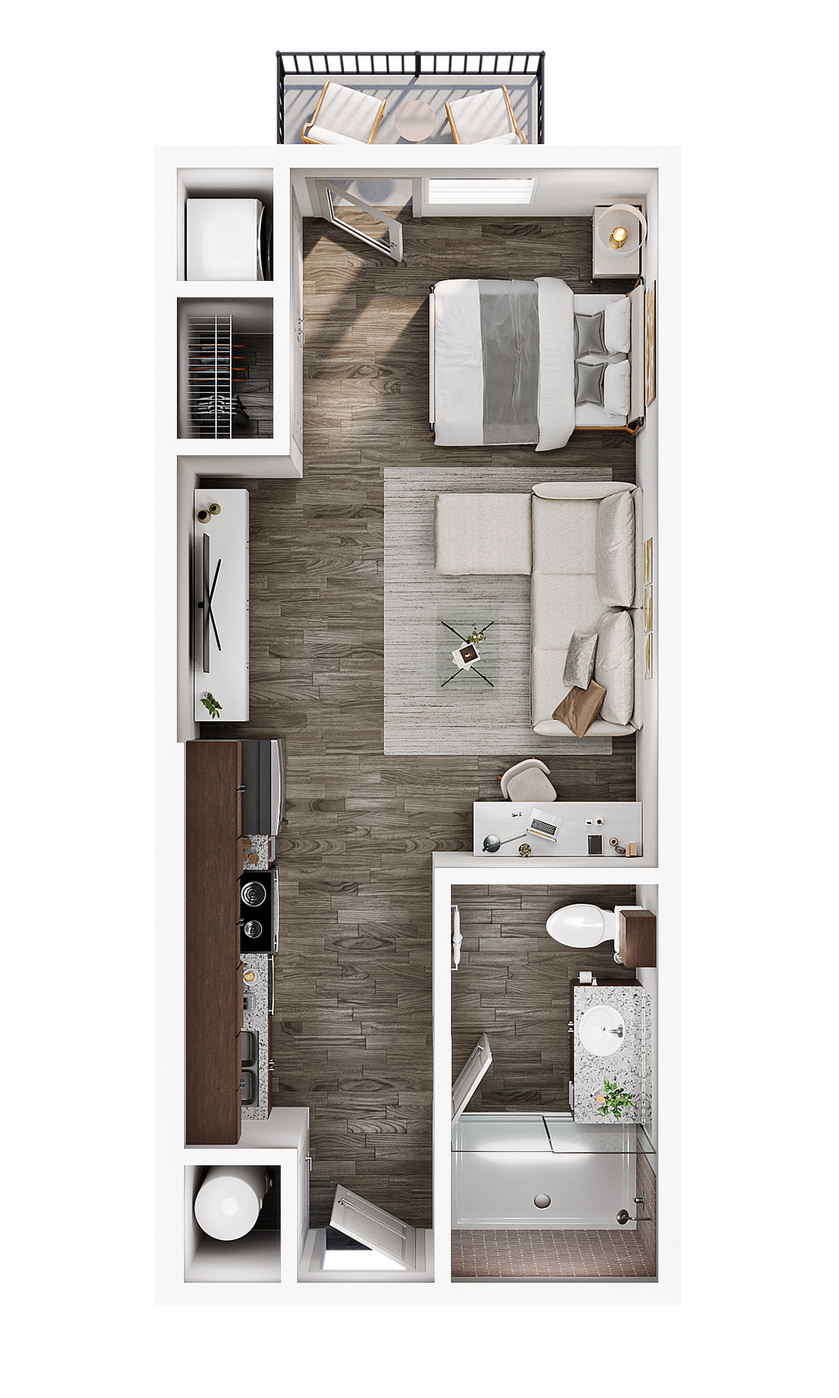 A 3D image of the Studio floorplan, a 375 squarefoot, 0 bed / 1 bath unit