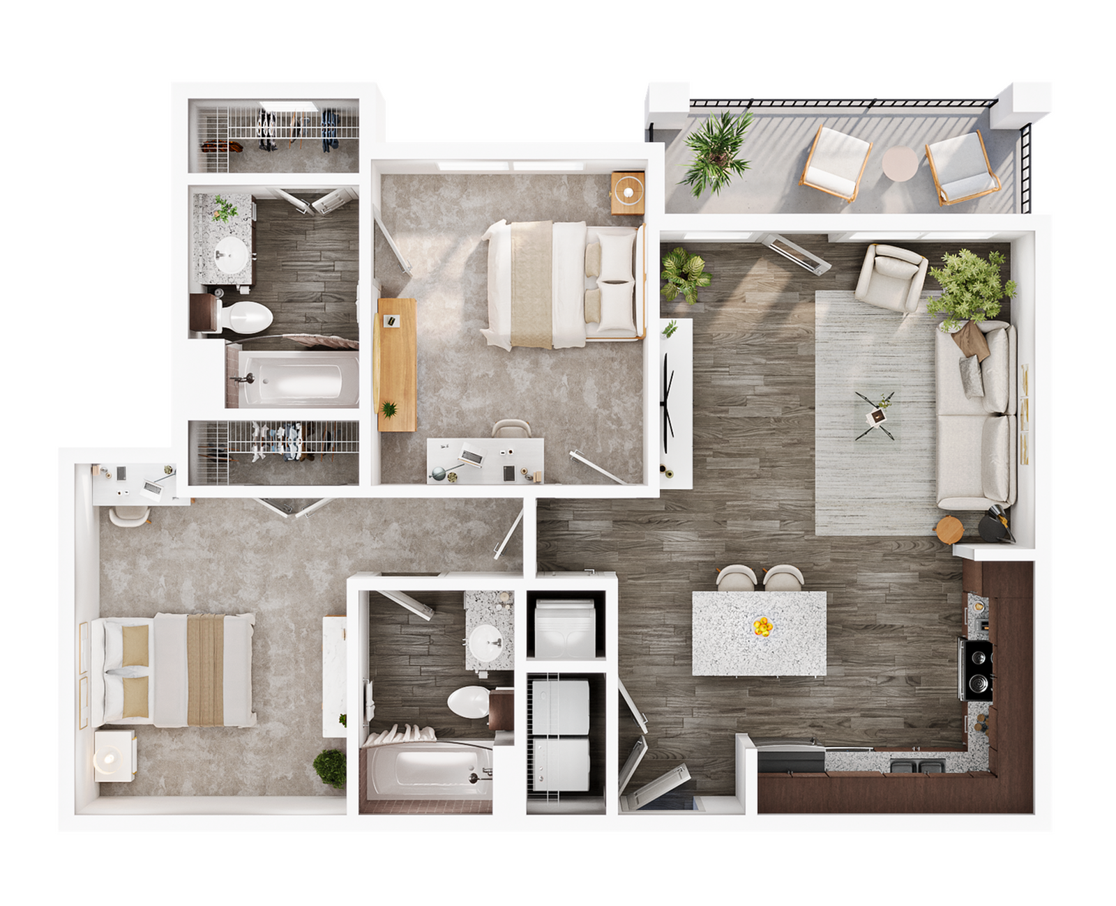 A 3D image of the 2BR/2BA floorplan, a 900 squarefoot, 2 bed / 2 bath unit