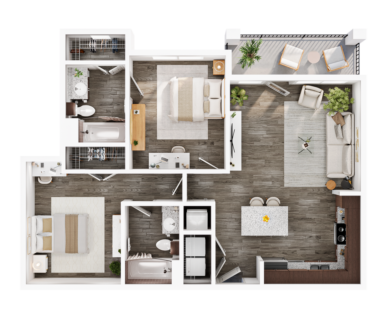 A 3D image of the 2BR/2BA – Elite floorplan, a 900 squarefoot, 2 bed / 2 bath unit