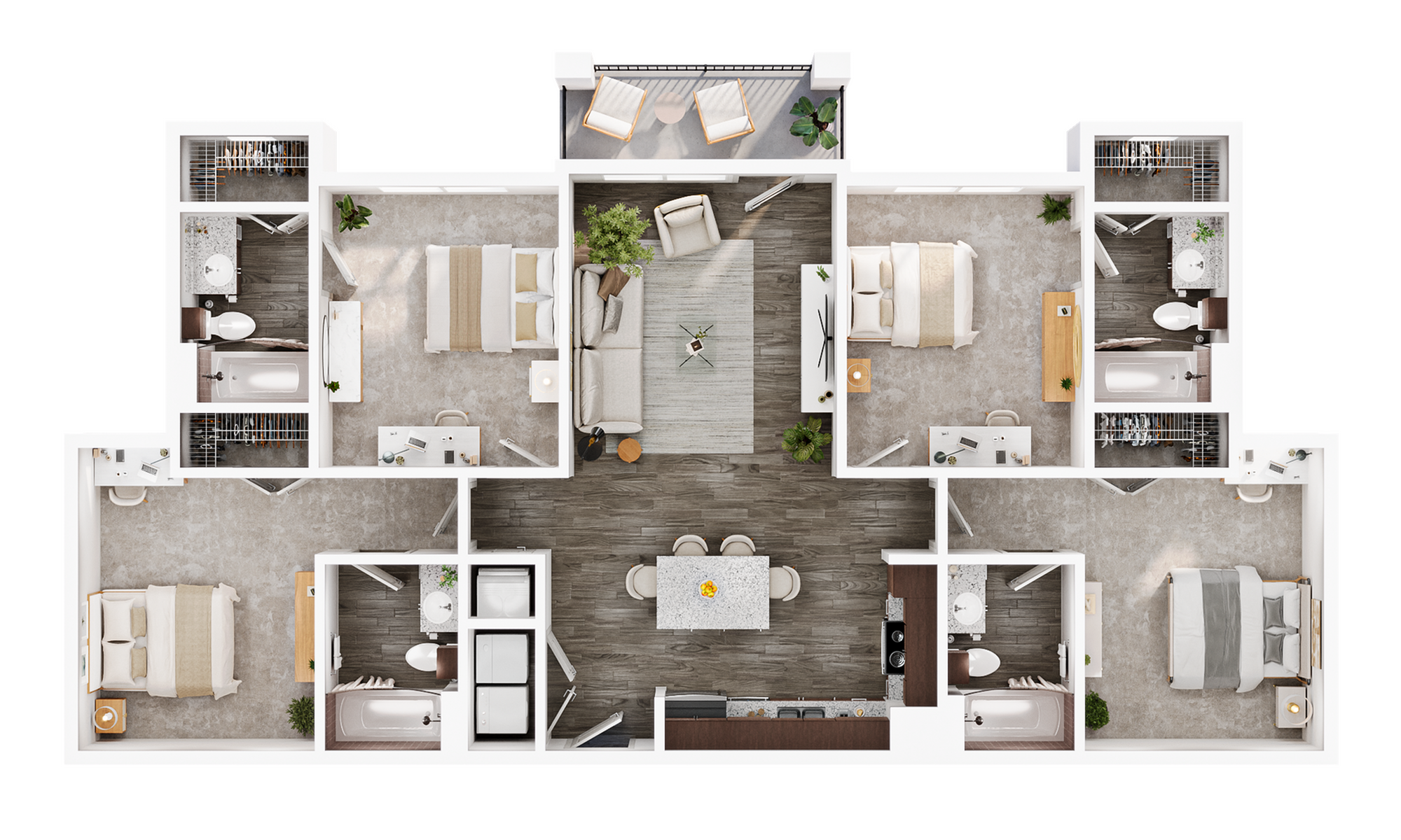 A 3D image of the 4BR/4BA floorplan, a 1392 squarefoot, 4 bed / 4 bath unit