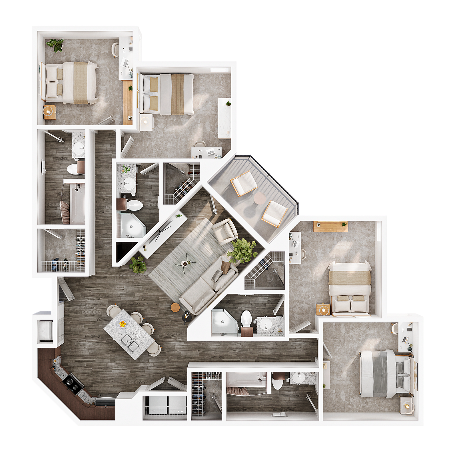A 3D image of the 4BR/4BA – Max floorplan, a 1604 squarefoot, 4 bed / 4 bath unit