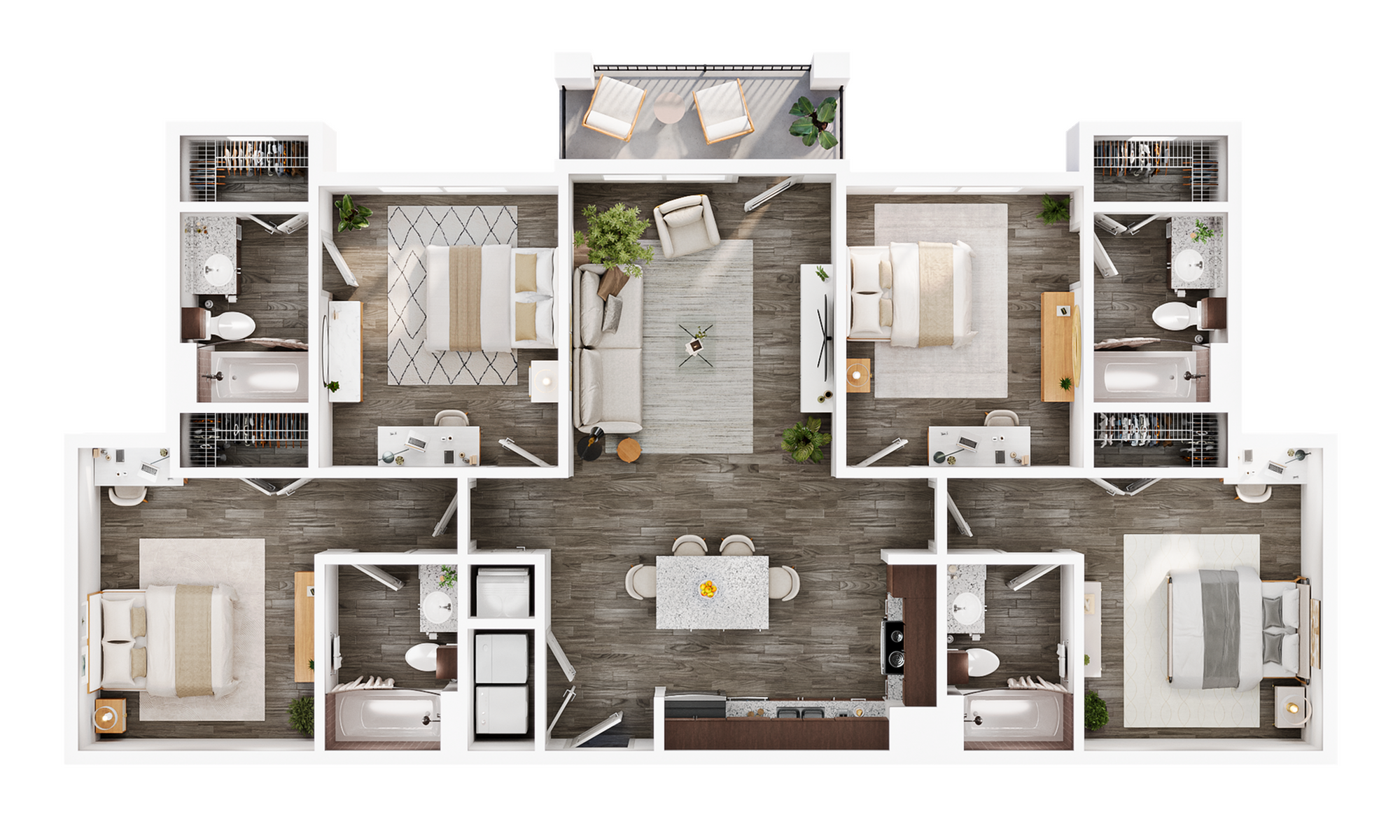 A 3D image of the 4BR/4BA – Elite floorplan, a 1392 squarefoot, 4 bed / 4 bath unit
