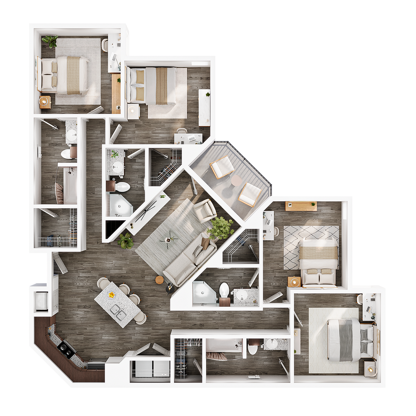 A 3D image of the 4BR/4BA – Max Elite floorplan, a 1604 squarefoot, 4 bed / 4 bath unit