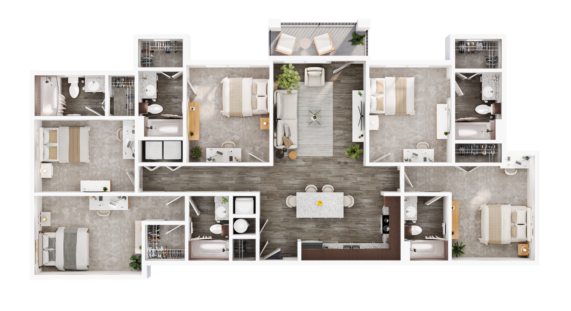 A 3D image of the 5BR/5BA floorplan, a 1690 squarefoot, 5 bed / 5 bath unit