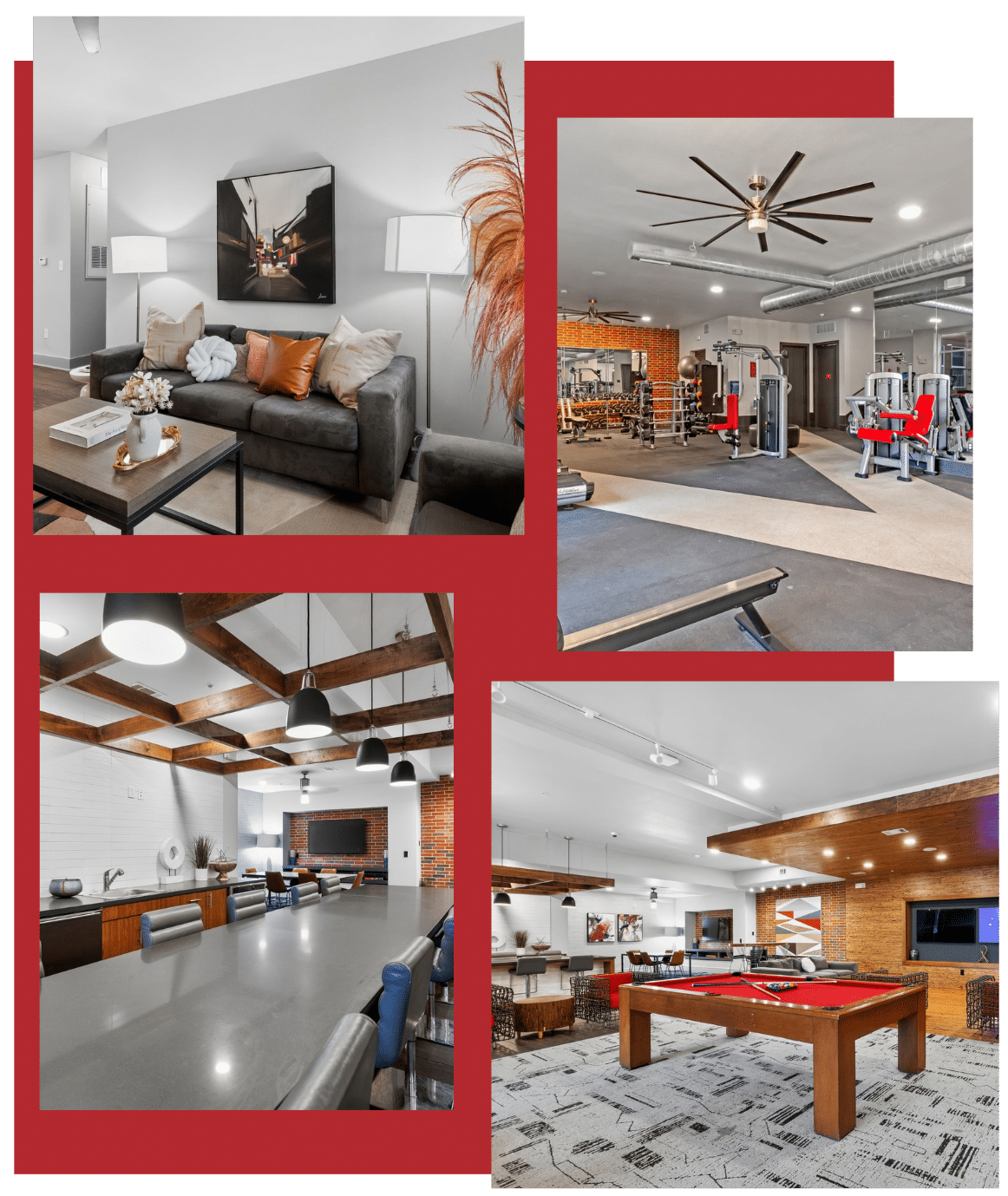 grid collage of modern apartment amenities featuring a living room with sofa, fitness center with exercise equipment, resident kitchen bar, and clubhouse game room with a red felt pool table